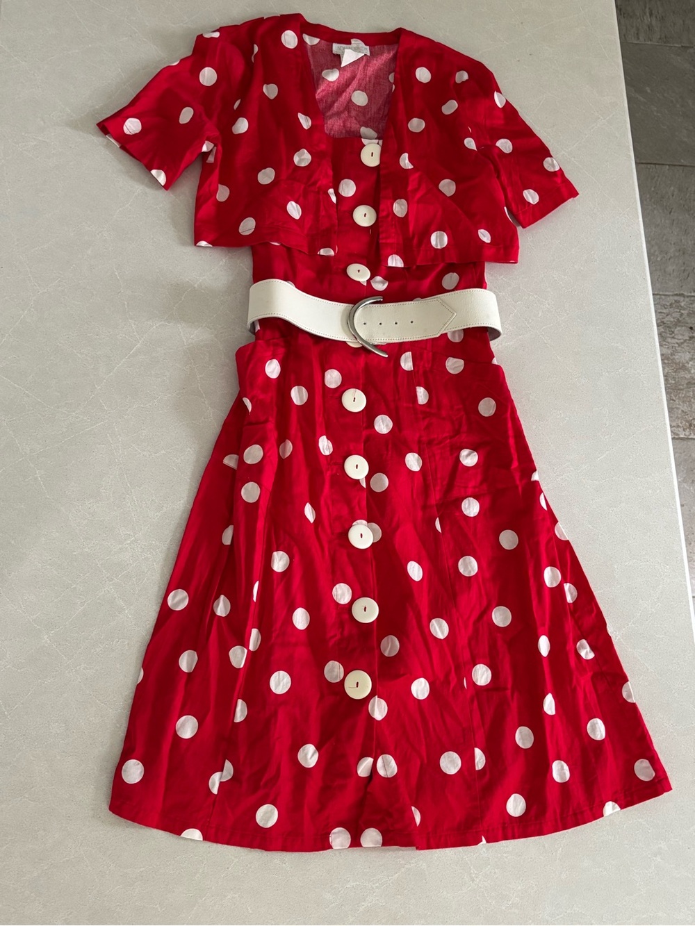 Vintage LINDA LUNDSTRÖM 2-Pc Polka Dot Dress & Bolero Set Leather Belt 10 Red